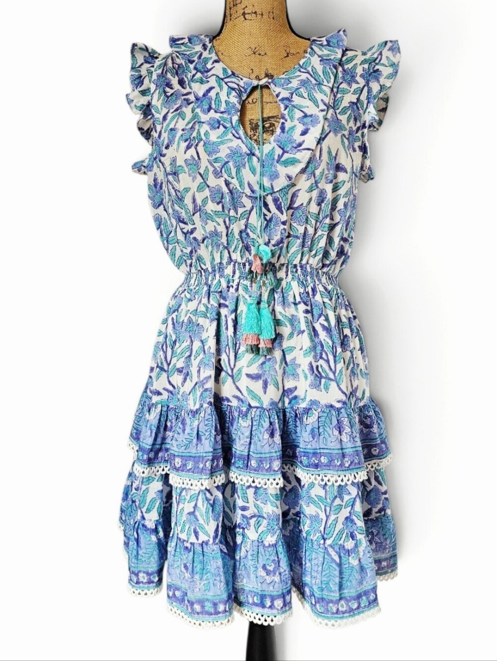 BELL By Alicia Bell Coastal Floral Boho Chic  Tiered Tassel Mini Dress, Size M